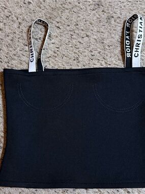 Sleek Black Bustier-Style CD Black Logo Camisole Top with Contrast Straps
